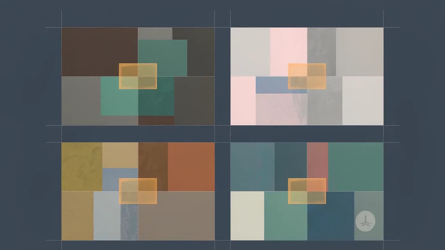 Four abstract video frames in a row on a dark navy field, three with a small amber tag at different positions and one with a pale grey circular glyph