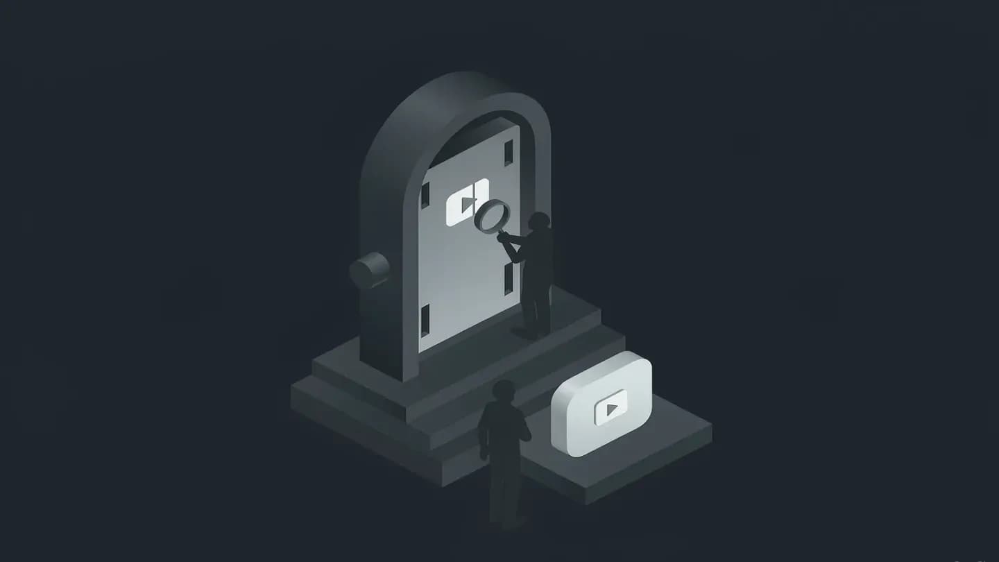 Isometric illustration on a dark navy background: a paused video play glyph in front of a checkpoint archway while a human silhouette inspects it with a magnifying glass, representing the cultural-timing gate.