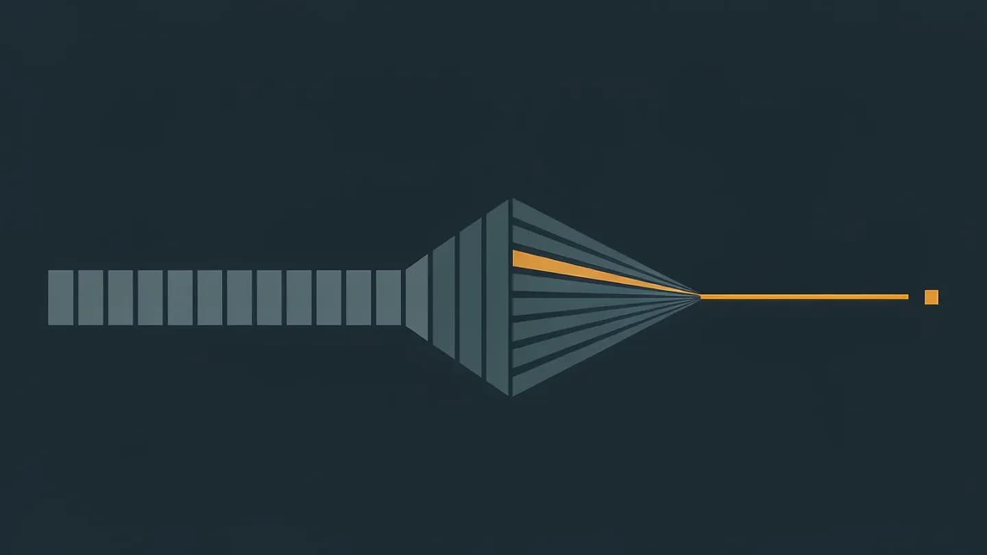 Illustration of video frames narrowing into a funnel with one amber-highlighted path continuing to a single marker on dark navy
