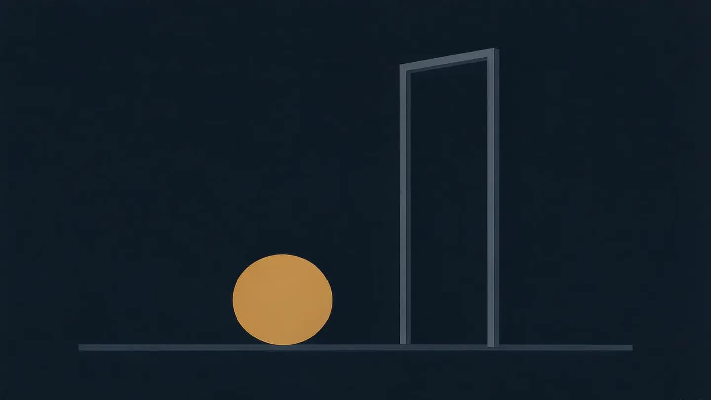 An amber circle halted just short of an open slate gate on a navy field, representing attention that stalls before trust is established