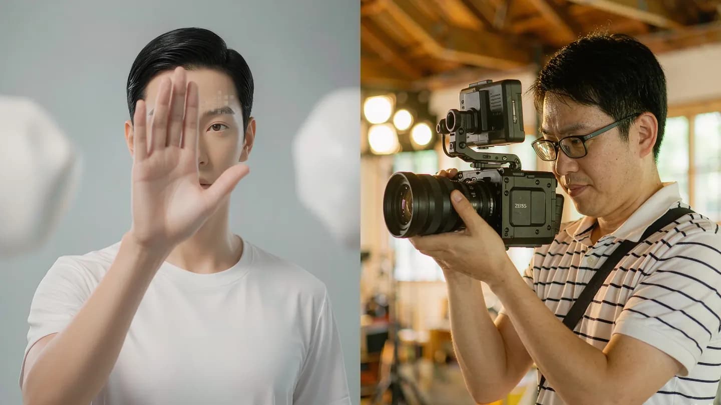 A human video creator behind a cinema camera contrasted with a synthetic AI-generated advertisement frame