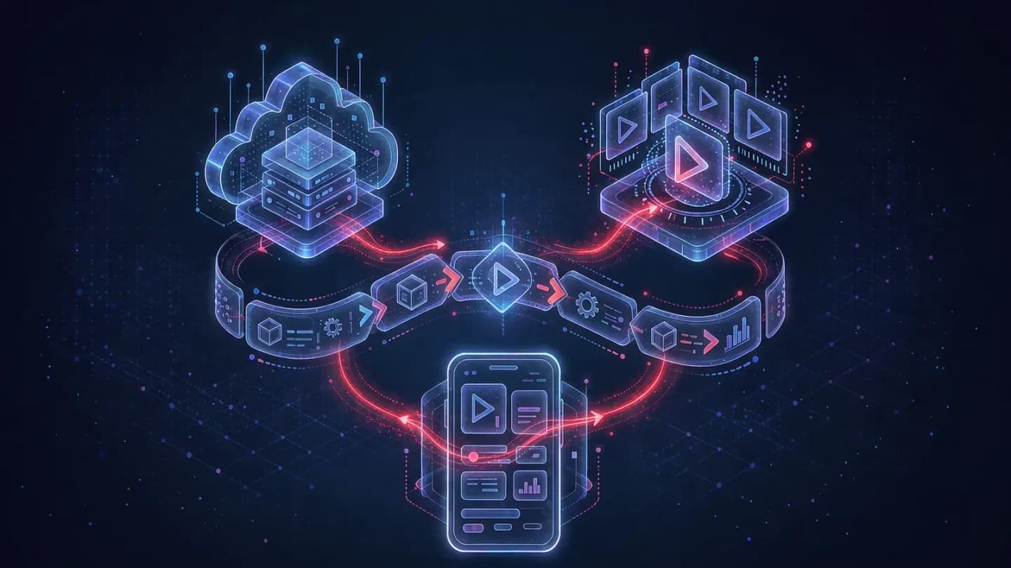 Three emblems converging into an AI video production pipeline
