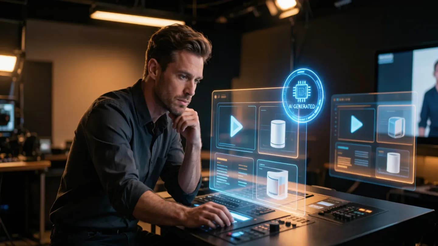 Producer reviewing an AI-generated video ad creative with a visible disclosure badge in a studio