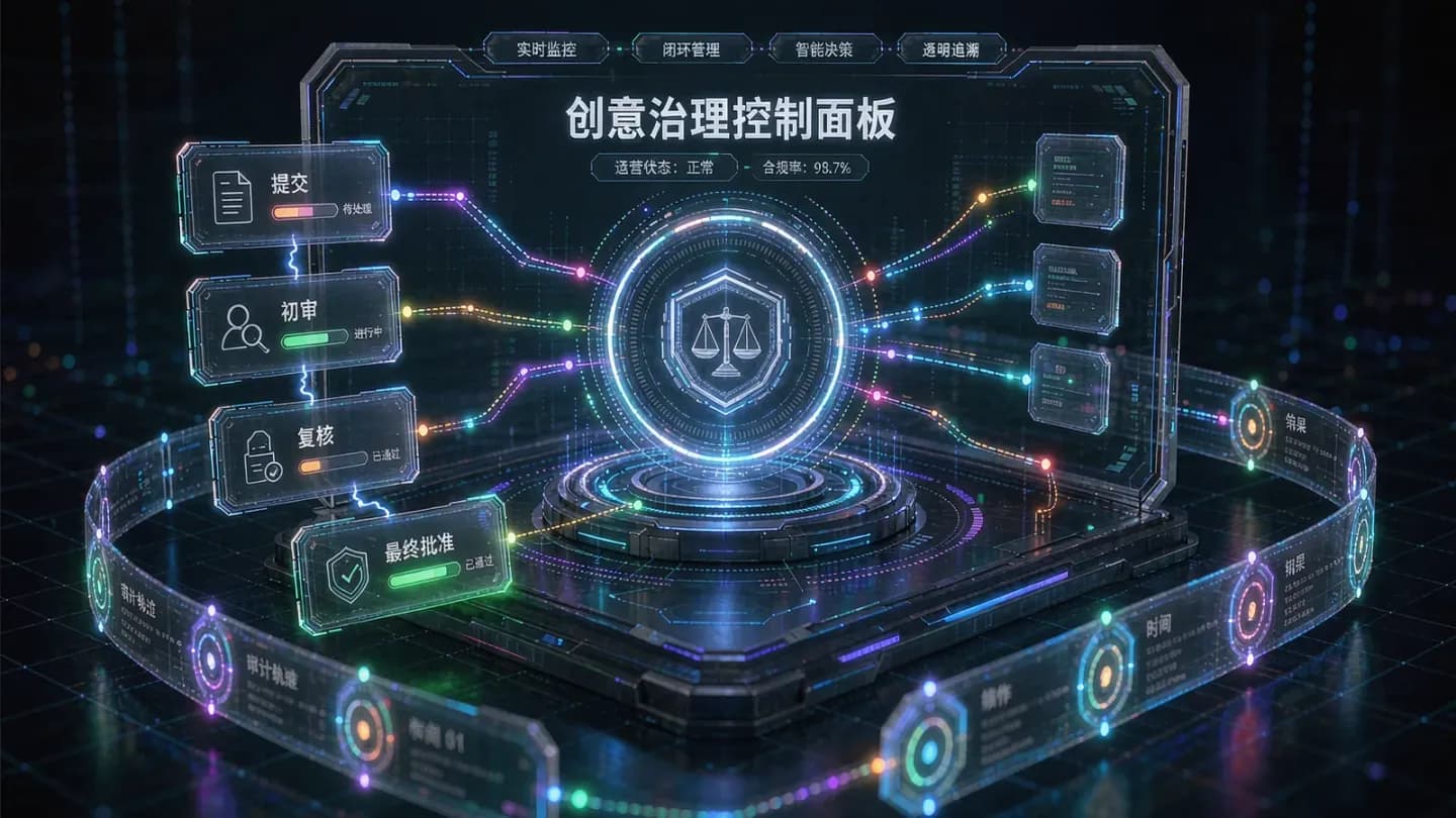 Conceptual control panel representing creative governance and approval checkpoints