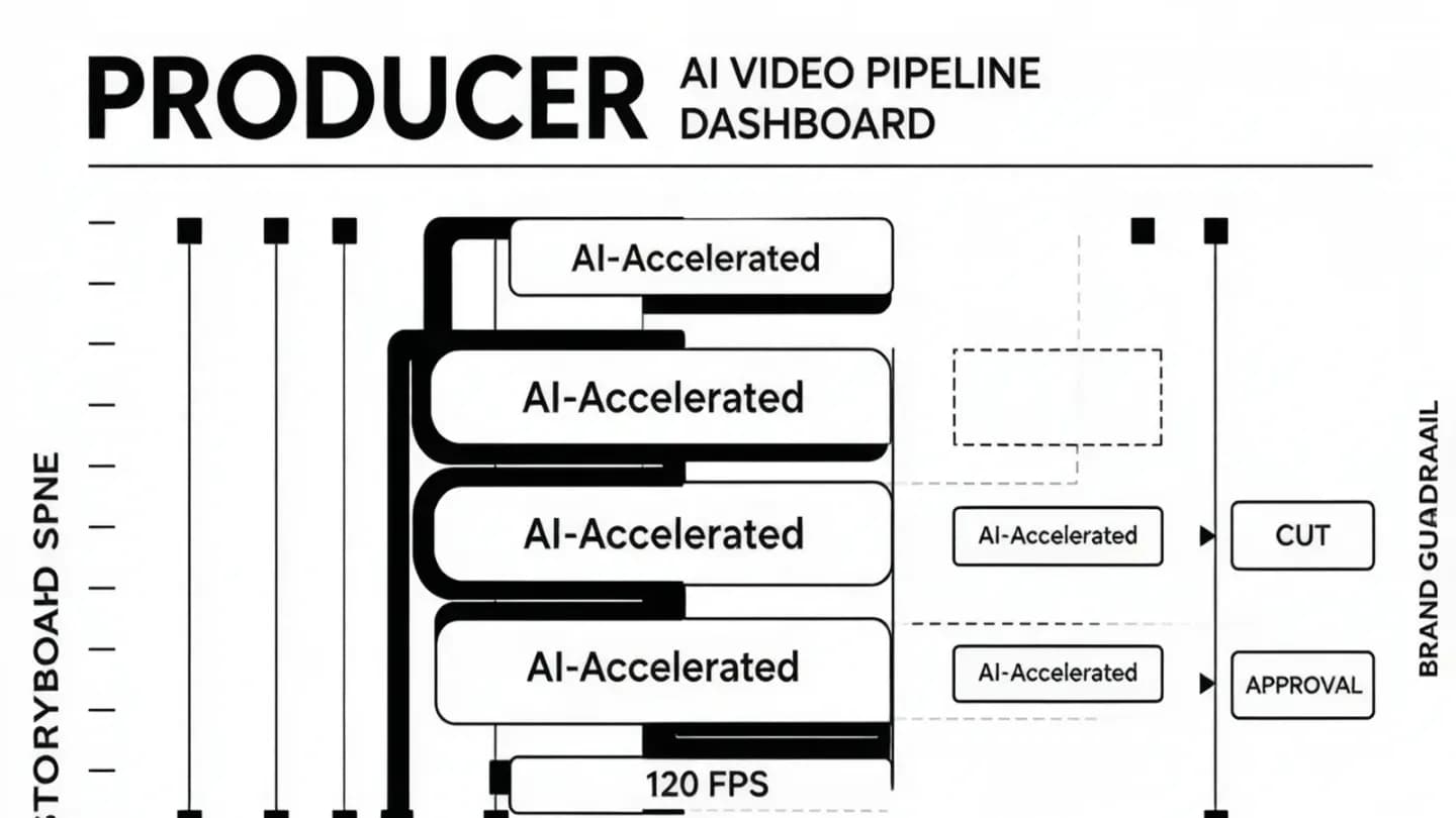 A producer-led pipeline diagram showing a storyboard spine with AI acceleration nodes and brand-guardrail checkpoints.