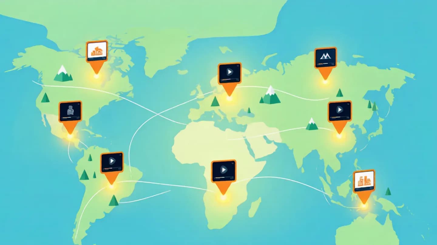 Isometric world map with nine city pins each showing a localized AI-generated brand video