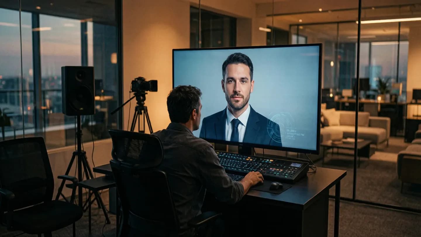 A Riyadh production studio where a director reviews an AI-generated brand spokesperson on a monitor with a visible watermark overlay.