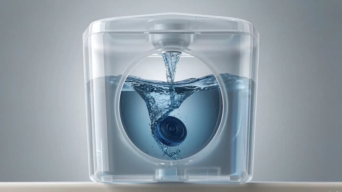 Transparent flush cistern with a blue cleaning tablet dissolving in swirling water, rendered as an AI product demo