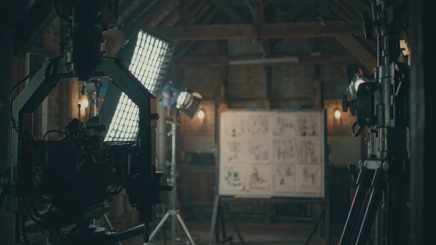 A traditional film set with crane, lights and a storyboard briefing