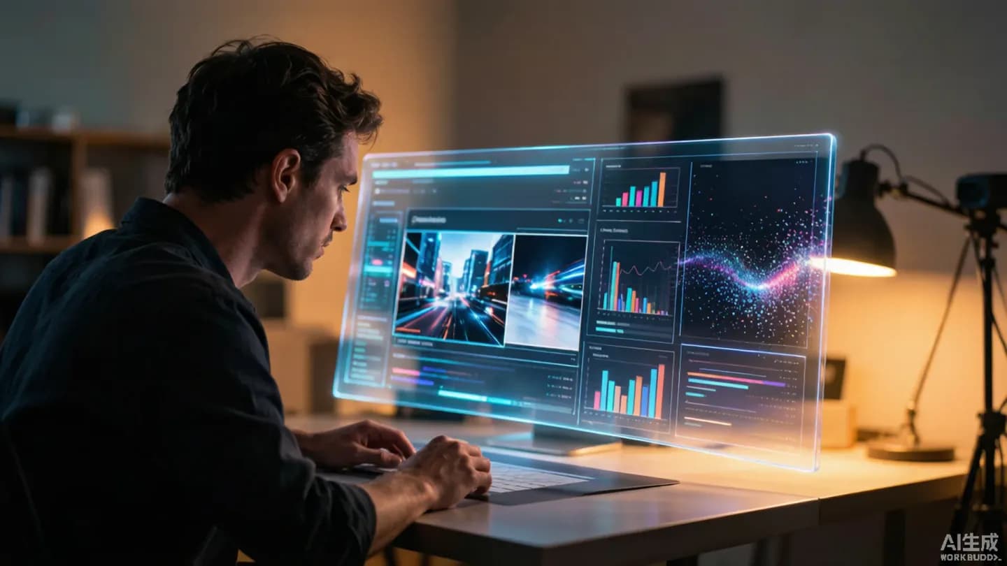 A human art director reviewing storyboards as AI generates video variants on glowing screens