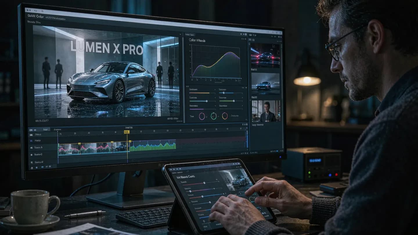 A human editor proofing an AI-generated brand video on a colour-graded monitor.