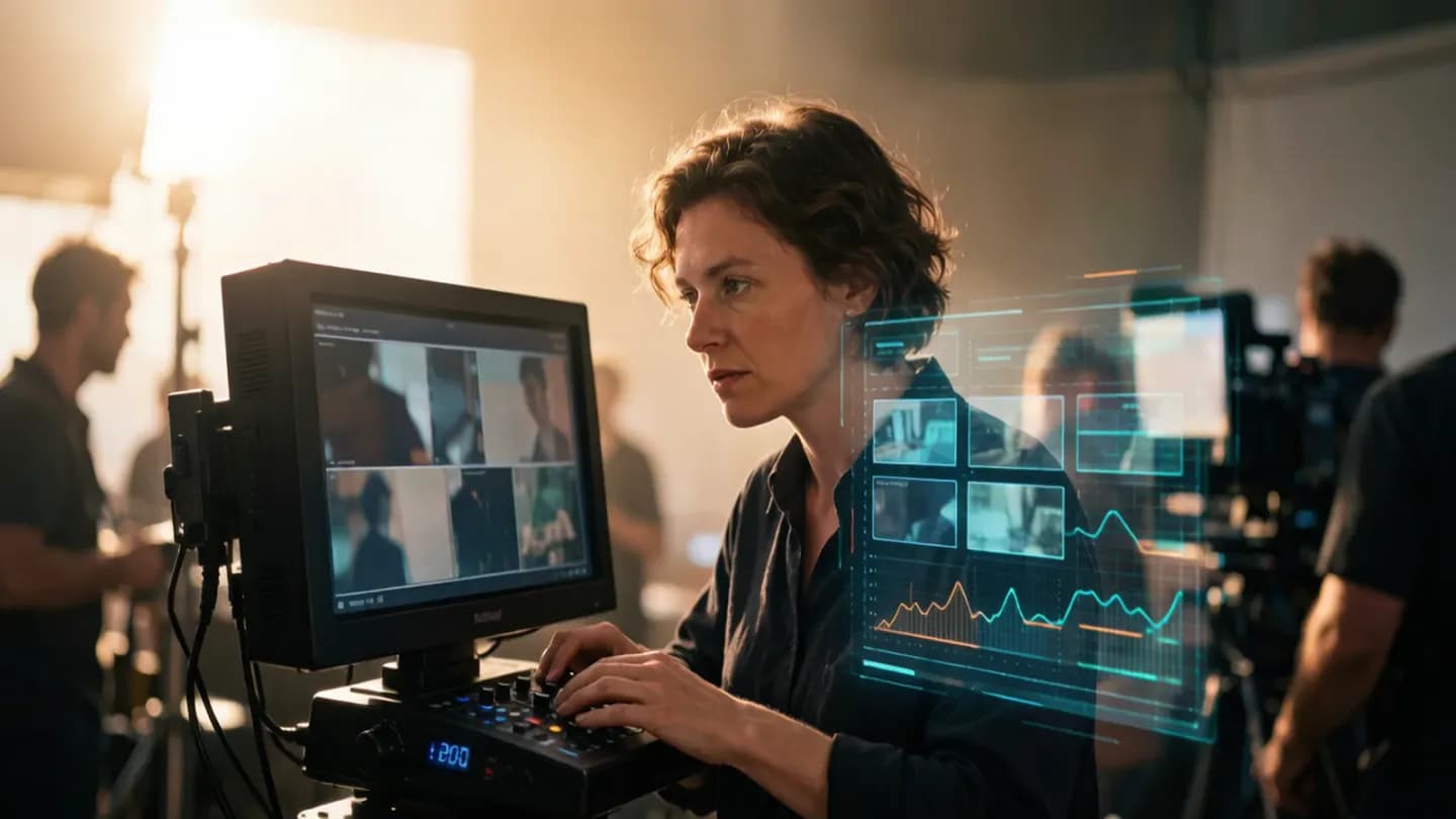 A human director working alongside a subtle AI assistant interface