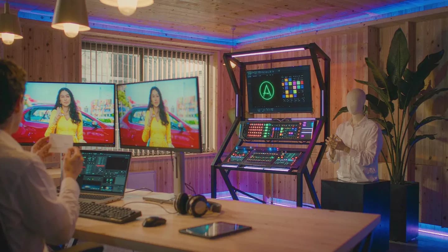 A human director reviewing footage alongside an AI workstation in a studio