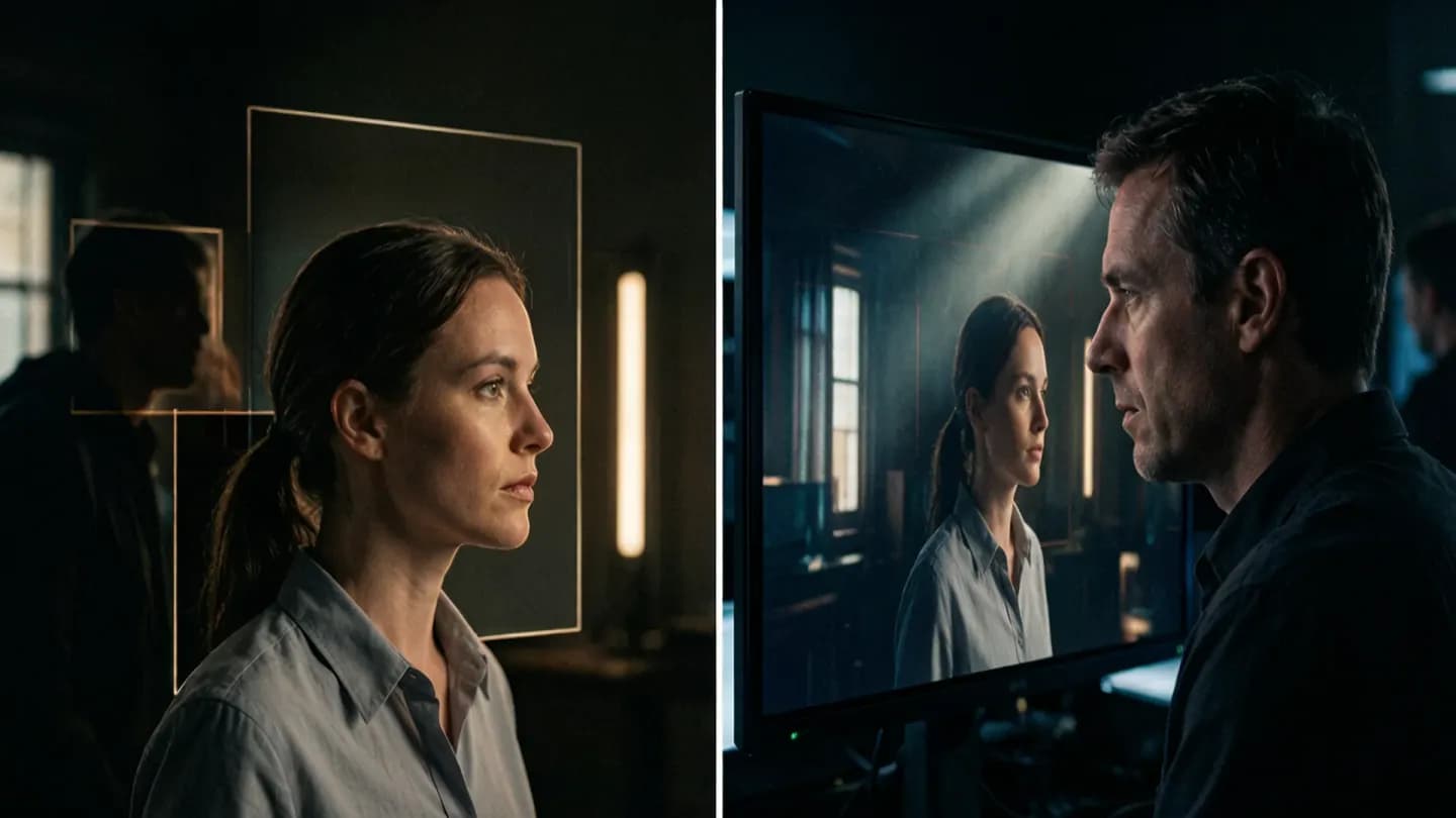 Split view of a layered AI production still and its finished composite on a director's monitor