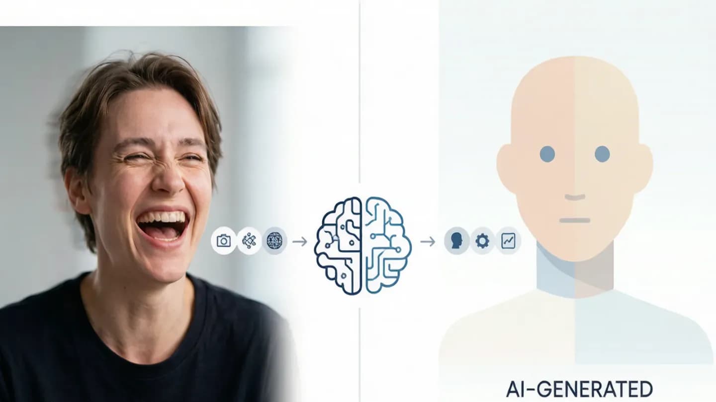A split comparison showing a real actor expressing emotion on the left and a flat synthetic character on the right, illustrating why performance resists automation.