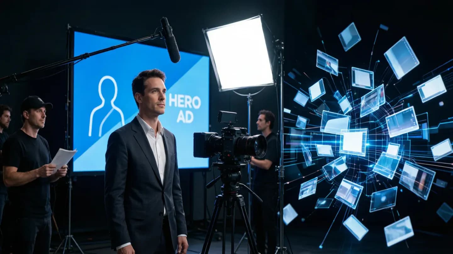 A split scene of a film crew shooting a hero ad and a swarm of AI-generated video clips