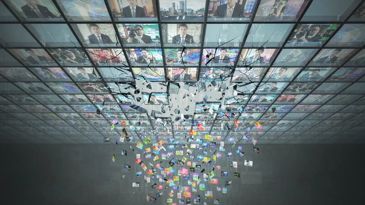 A glass ceiling of stacked video impressions cracking under endless AI-generated thumbnail tiles.