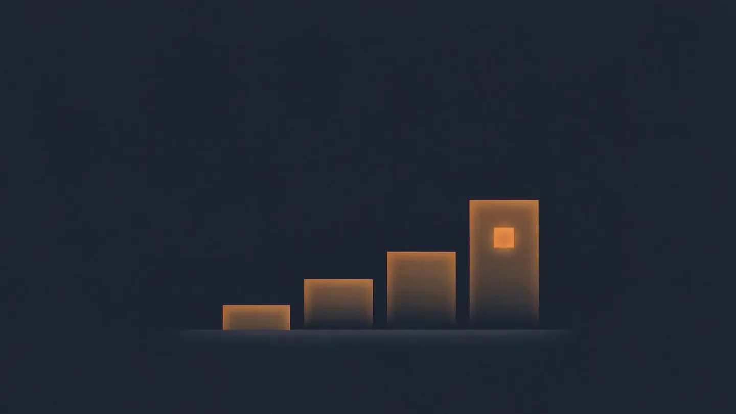 Four ascending amber steps rising left to right, the tallest holding a small glowing core, on a deep navy background.