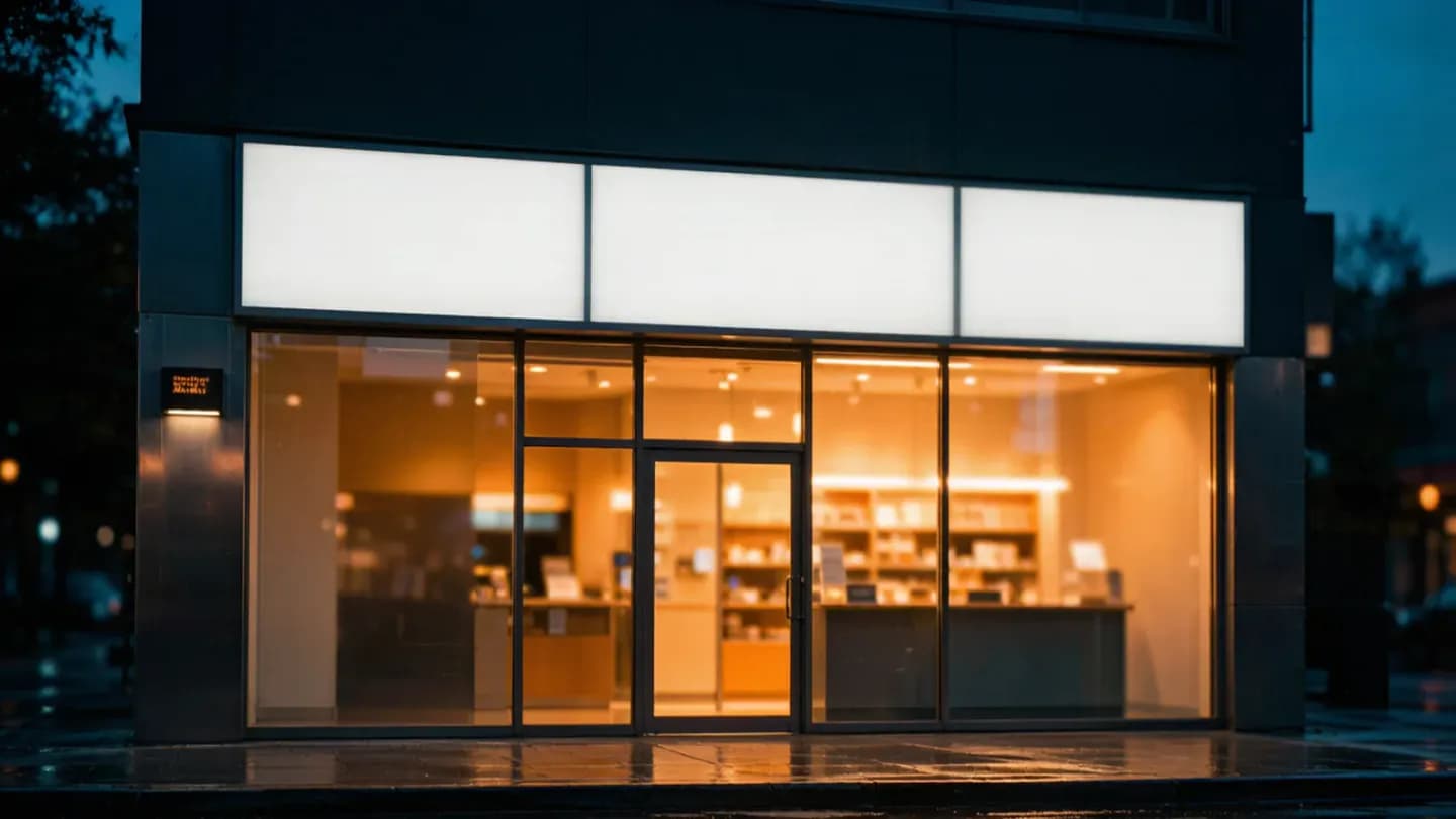 A cinematic street scene where all shop signs and product labels are left deliberately blank