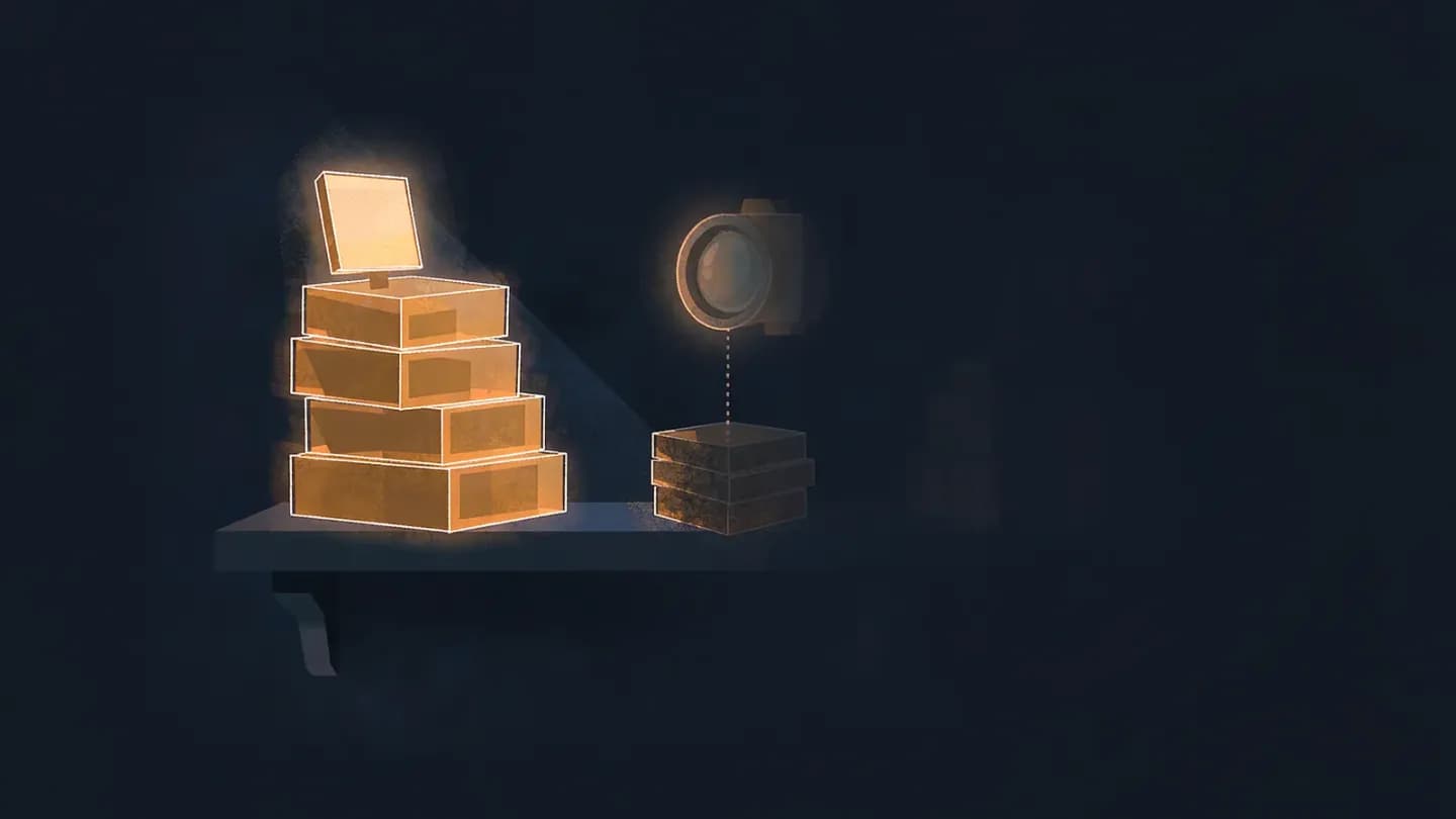 Readable video packages glow amber while unreadable ones sit in shadow beside an abstract camera lens