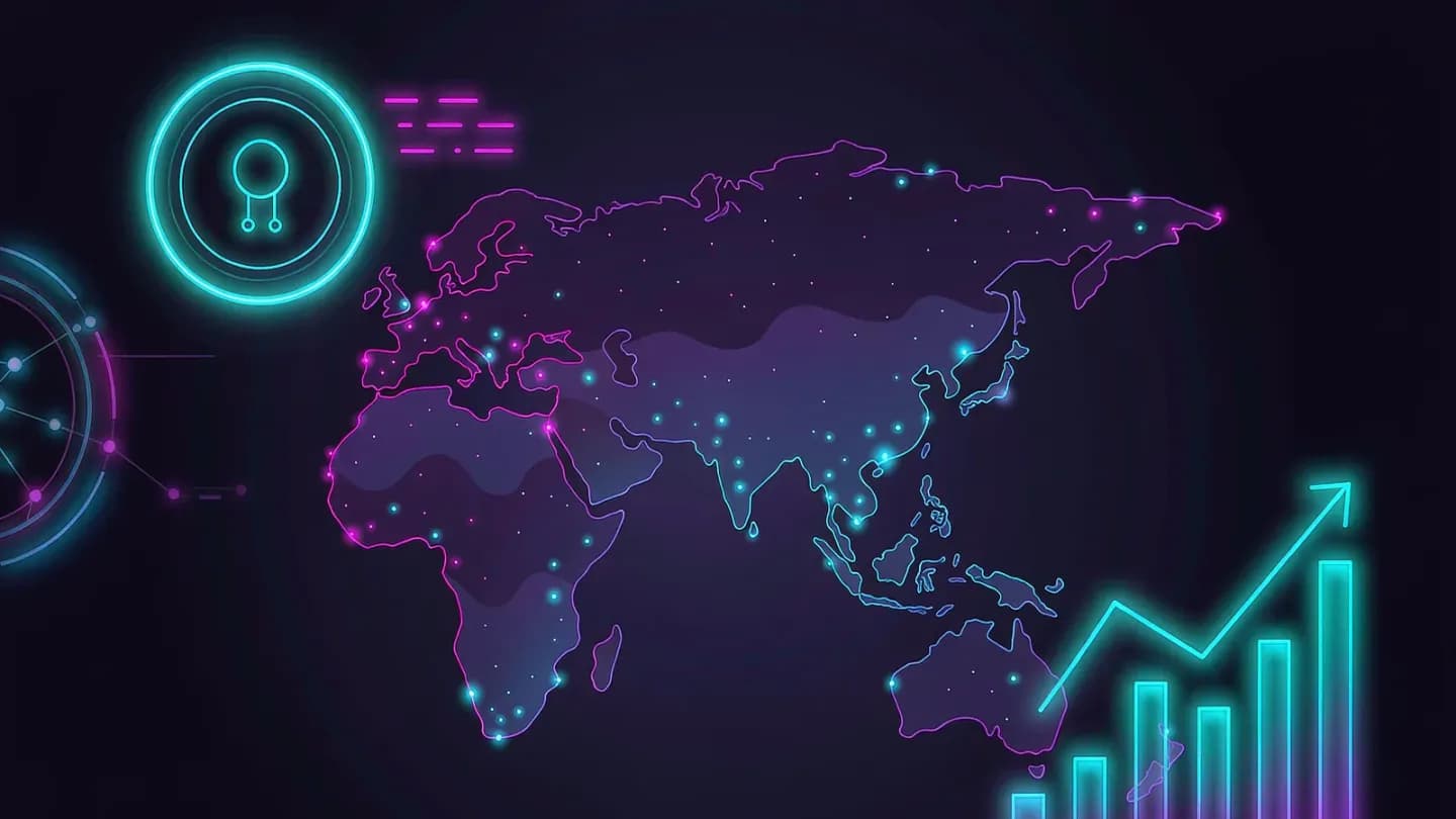 A dark analytics dashboard with a world map and rising revenue bars