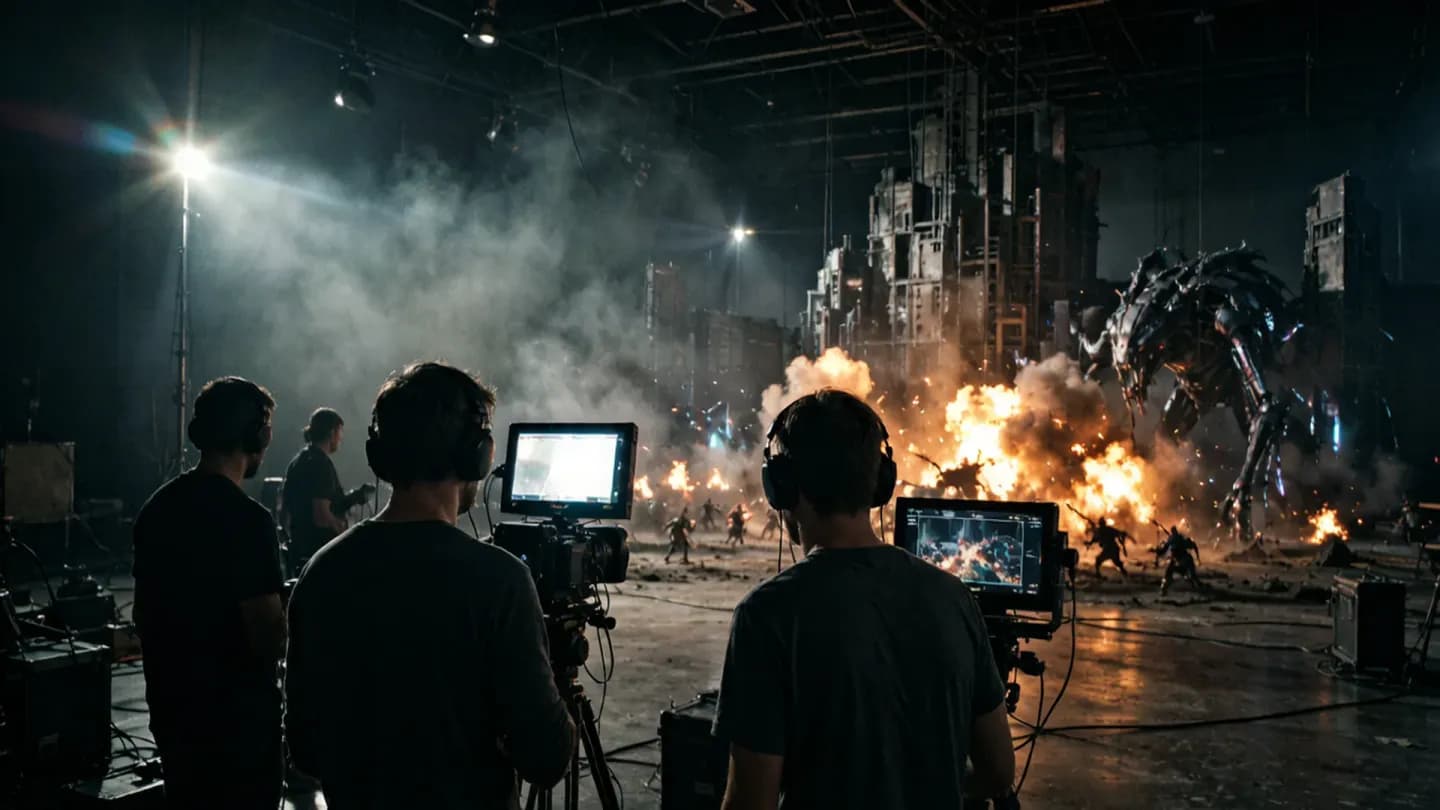A small live-action crew reviewing a generative AI feature film on monitors in a dim studio