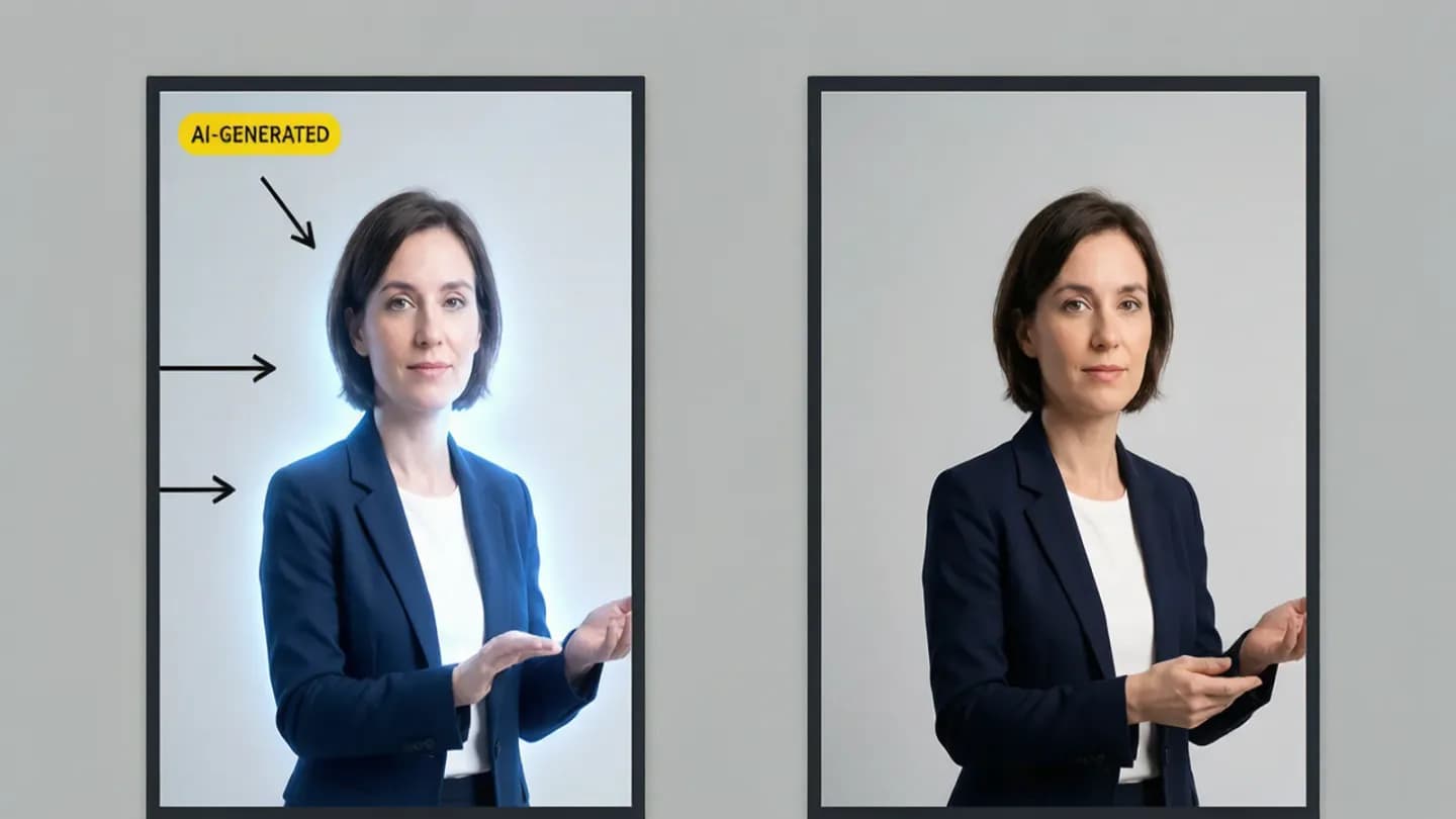 A labeled synthetic ad frame next to an identical unlabeled one, showing why the mark changes the authenticity test.