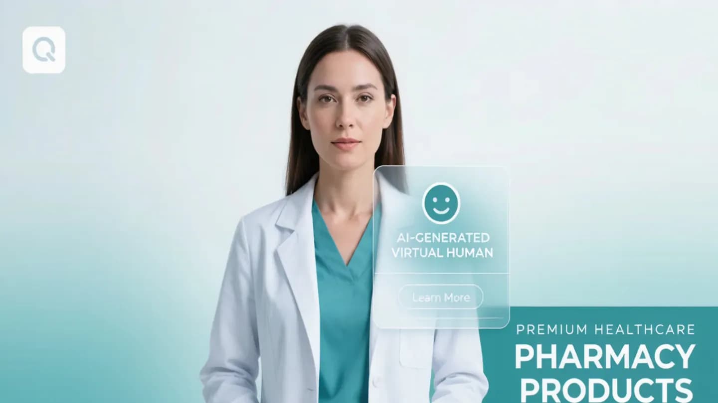 A synthetic health-product spokesperson with a visible virtual-human disclosure chip.