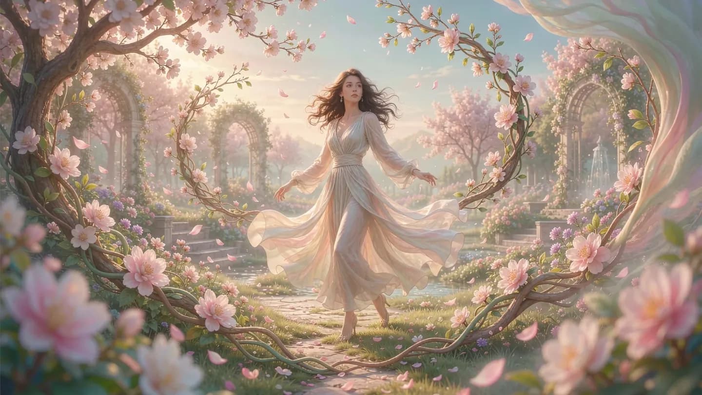A confident woman moving through a dreamlike spring garden of vines and blossoms.