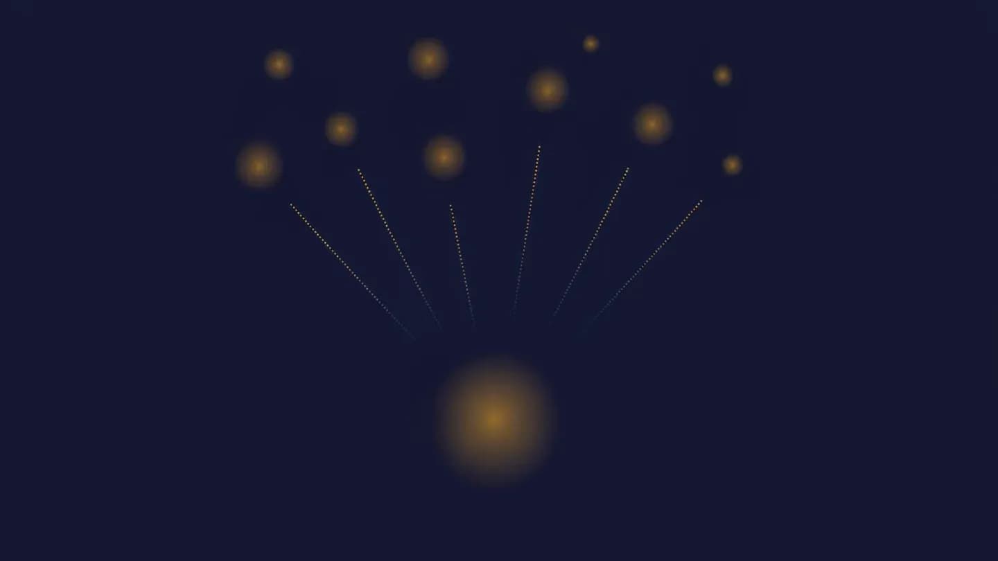 Diagram of five separate glowing signal nodes routing along dotted paths into one larger decision node at the lower centre.