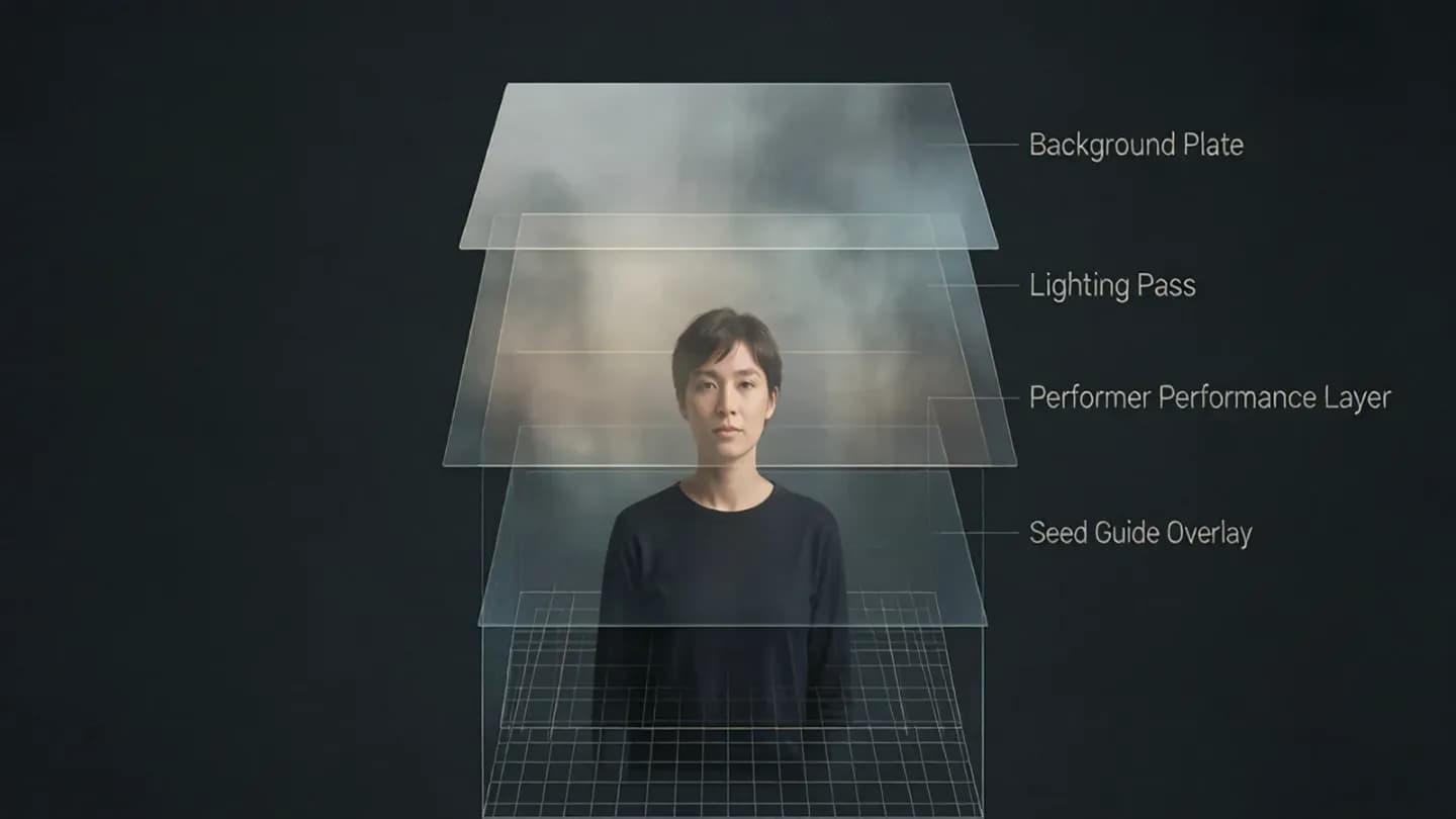 A shot broken into background, lighting, performance and guide layers