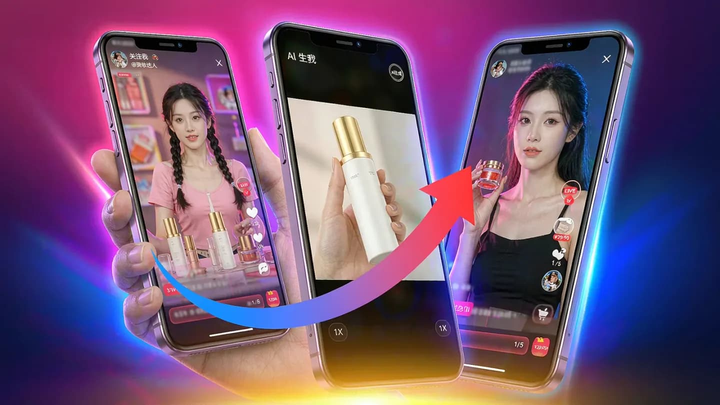 Three content panels of influencer, AI clip, and live commerce merging into a brand funnel