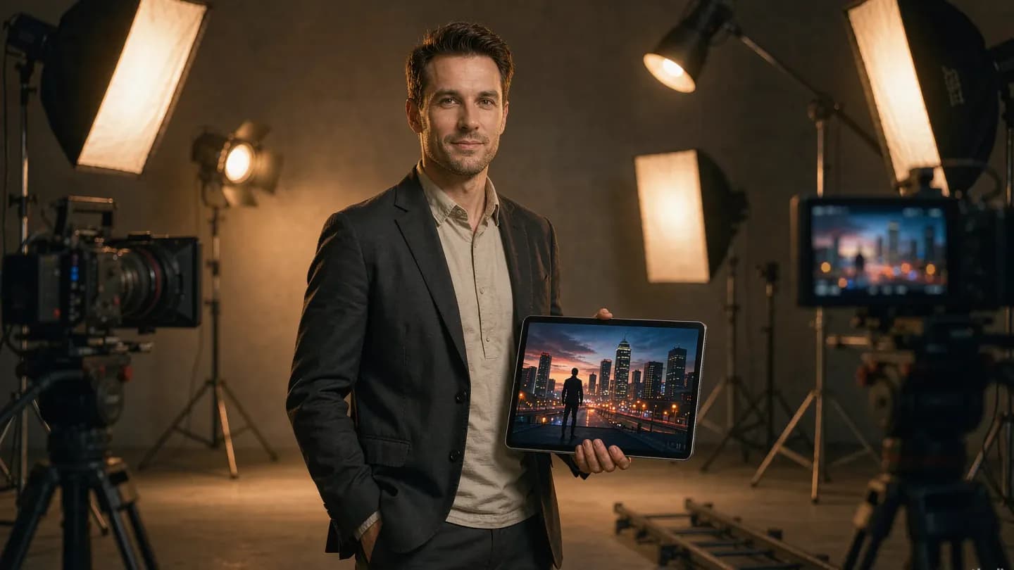 A brand video producer reviewing a licensed AI-generated film still on a tablet in a studio