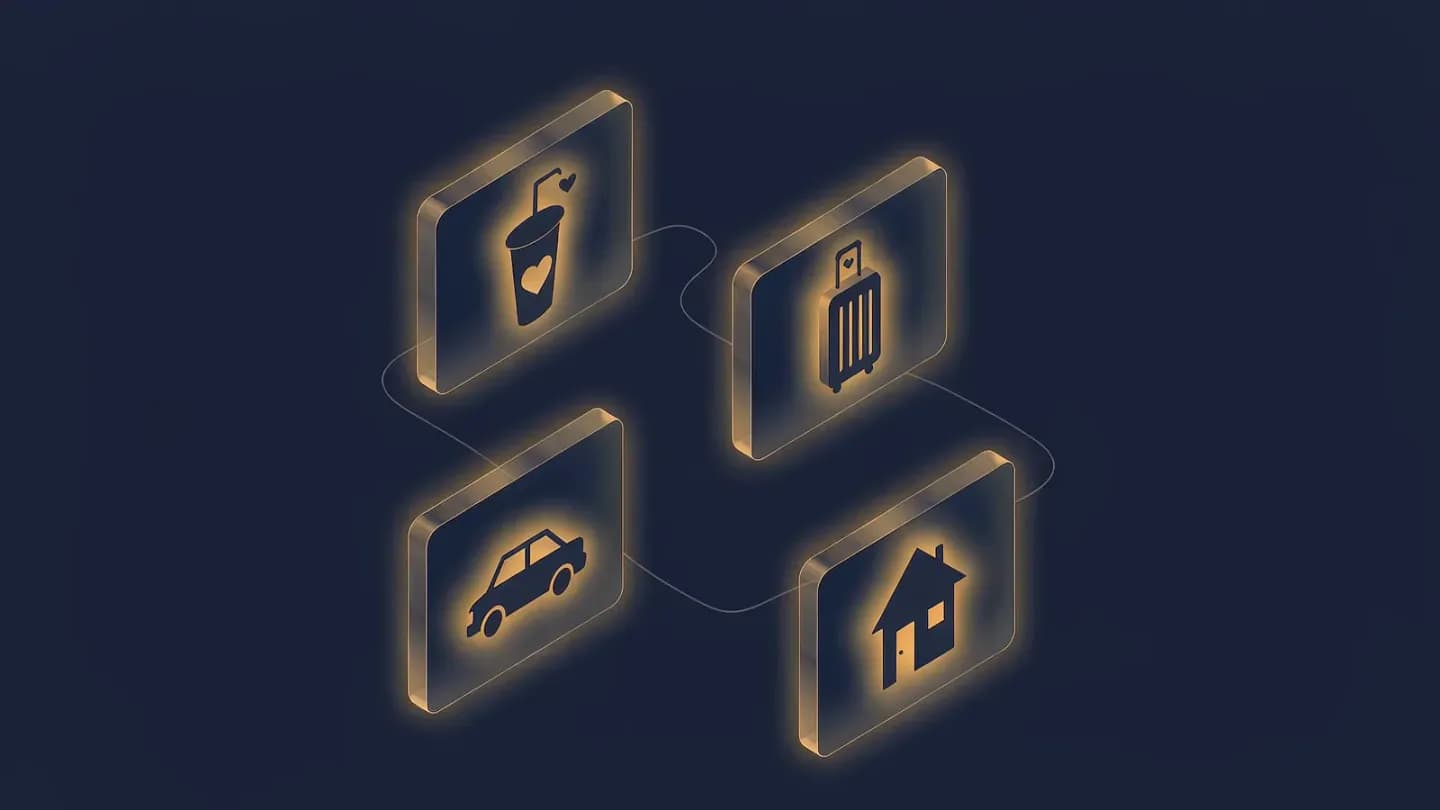 Four glowing translucent video panels on a dark navy field, each holding a simple amber silhouette of a different everyday moment