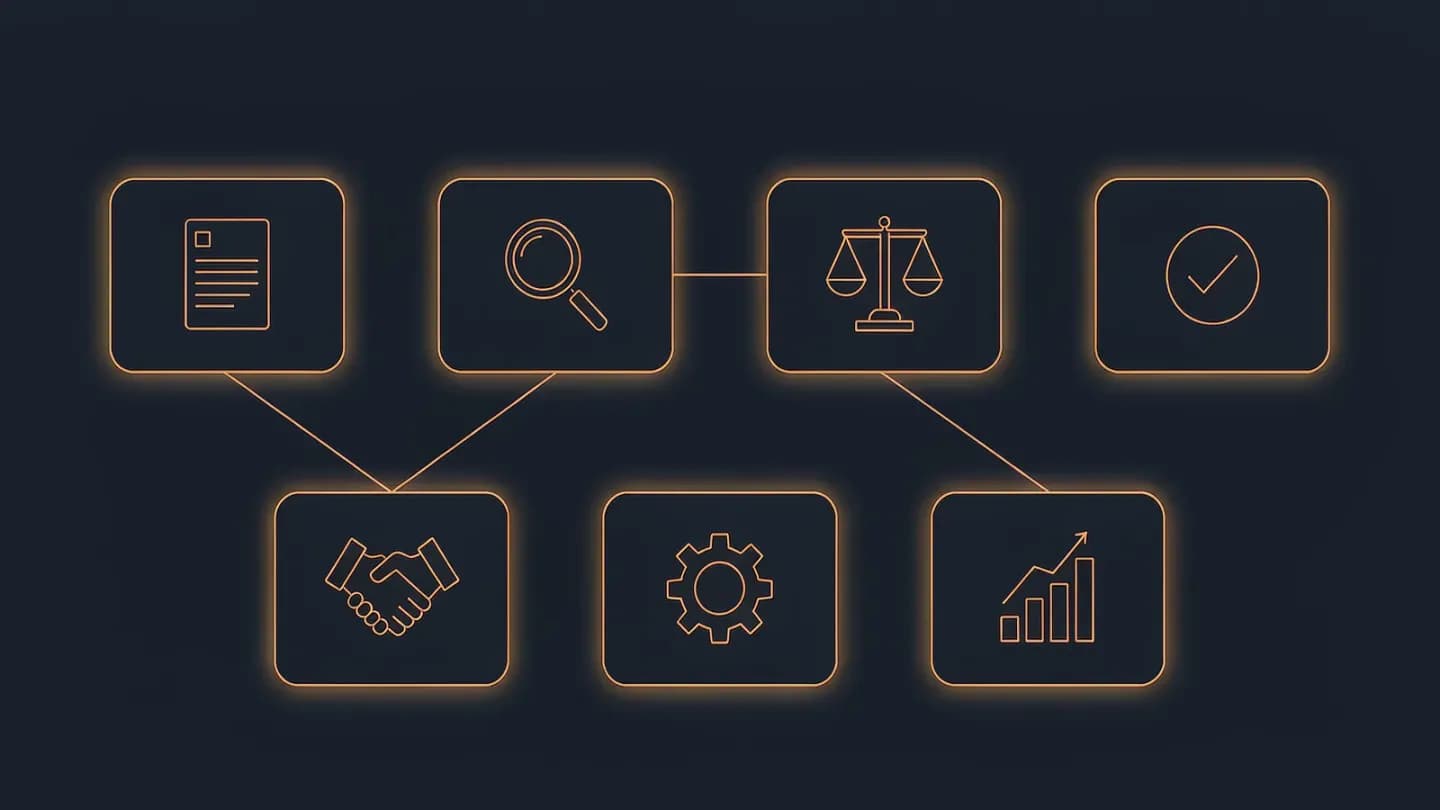 Seven connected stages of an agent-mediated media deal flowing from catalog to reporting on a dark navy field