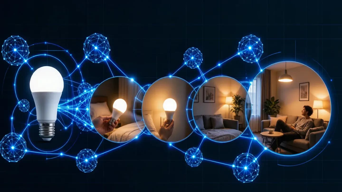 An abstract pipeline showing a product photo transforming into multiple lifestyle room scenes through glowing nodes