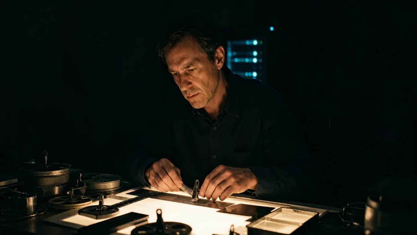 A human film editor working at a lit desk with a subtle server glow behind them