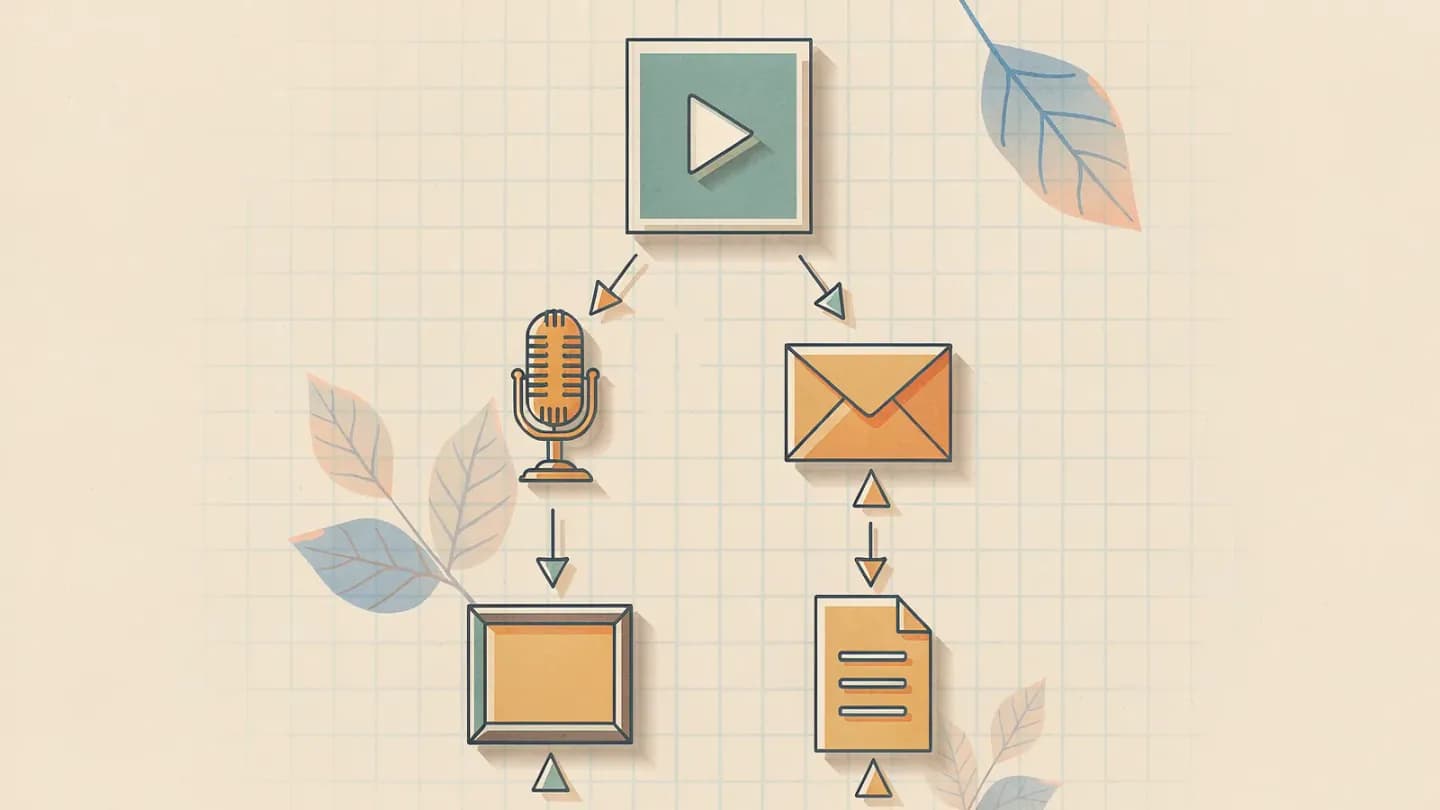 Flat vector tree diagram of one master video branching into four labeled market asset lanes