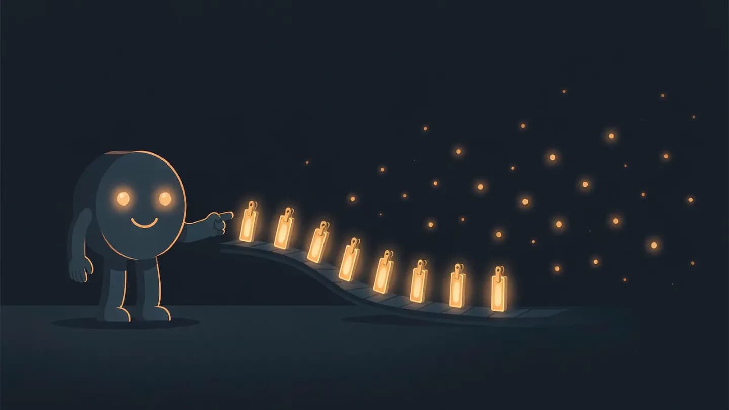 A rounded glowing character beside a curved conveyor of small glowing clip panels flowing toward scattered audience dots on a dark navy field