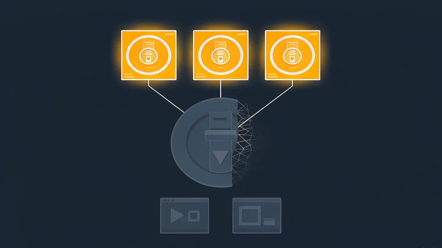 A fading switch tile dissolving into outlines while glowing bid-dial tiles rise above it, illustrating placement control moving from settings to bids