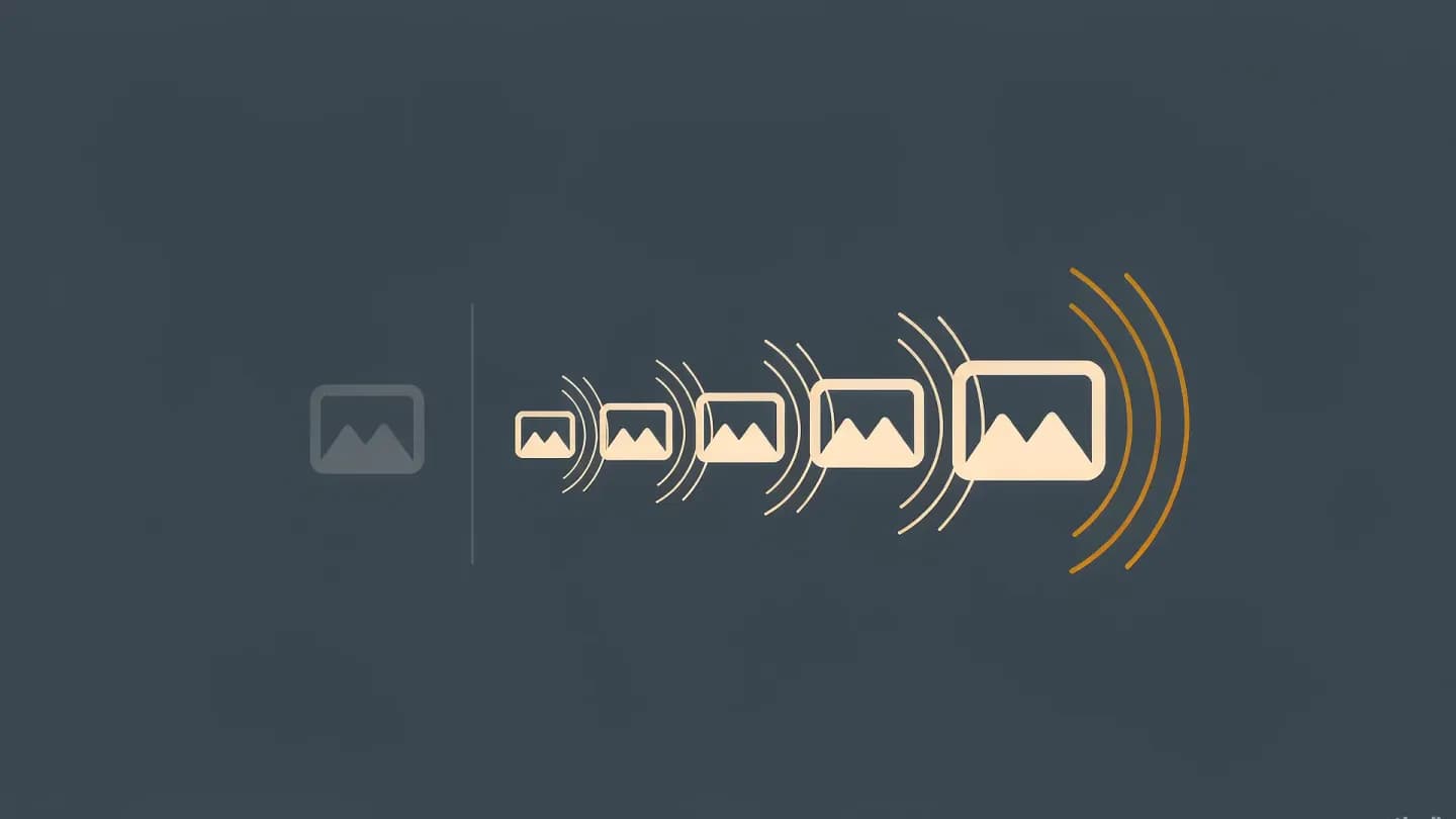 A single flat still frame and a slim vertical gate marker on the left, separated by a divider from a row of six progressively more animated frames on the right, on a dark navy field.