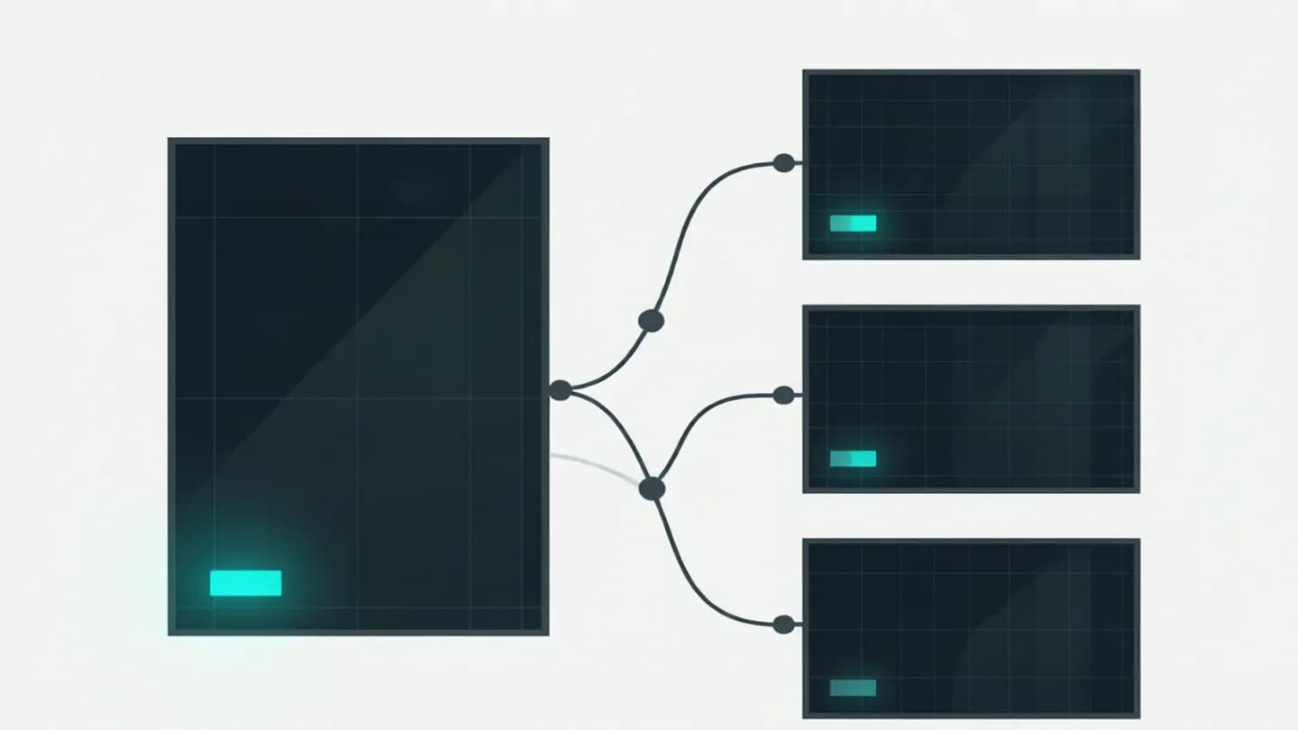 One master video frame branching into smaller derivatives with a fading tag