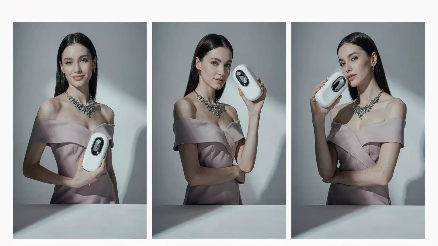 A product and spokesperson shown identically across three video frames to illustrate brand consistency