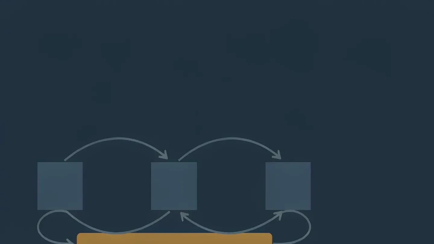 Three interchangeable model cubes cycling above one constant amber foundation slab on a flat navy background
