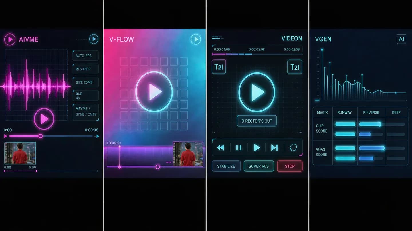 Split-screen comparison of four AI video model interfaces with waveform and timeline motifs.