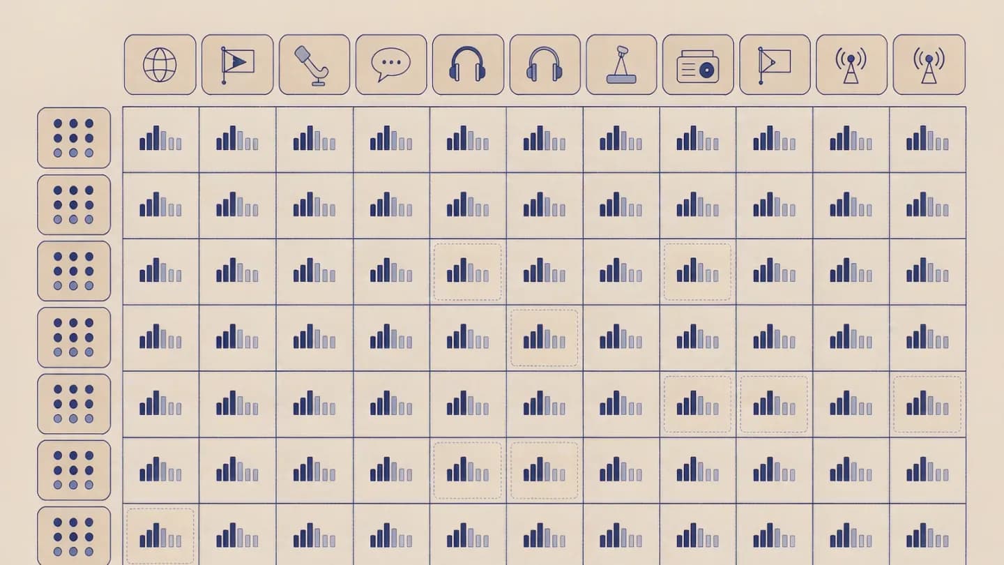 An illustrated scheduling grid with episode rows and language columns, each cell holding a small audio waveform strip, some cells marked as pending.