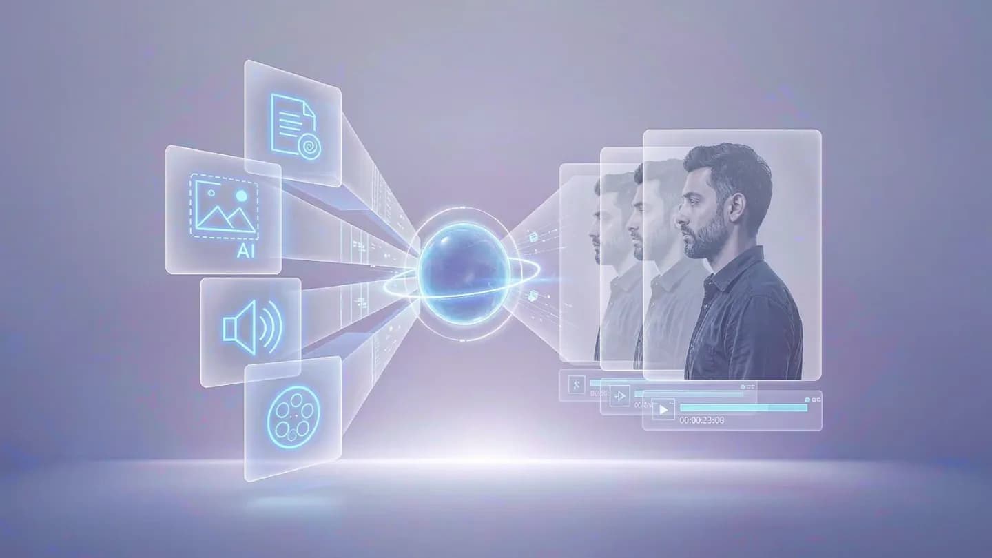 Abstract visualization of a multimodal model combining text, image, audio, and video into one scene