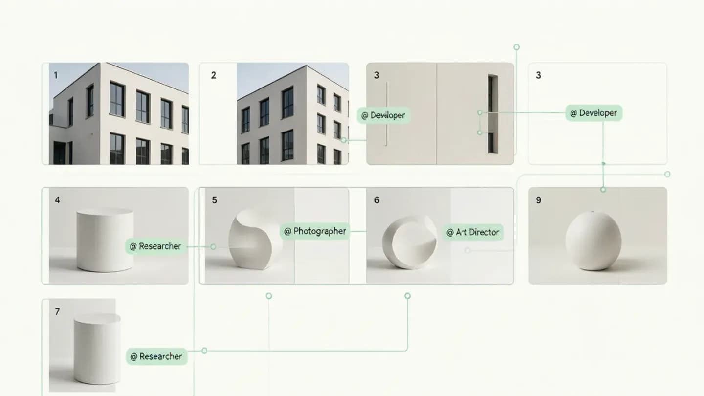 Reference moodboard grid with numbered tags binding each image to a role
