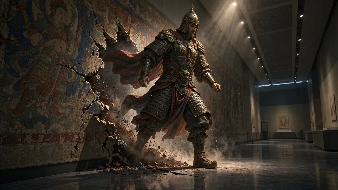 A painted Tang warrior stepping out of an ancient mural into a modern gallery, pigment dissolving behind him