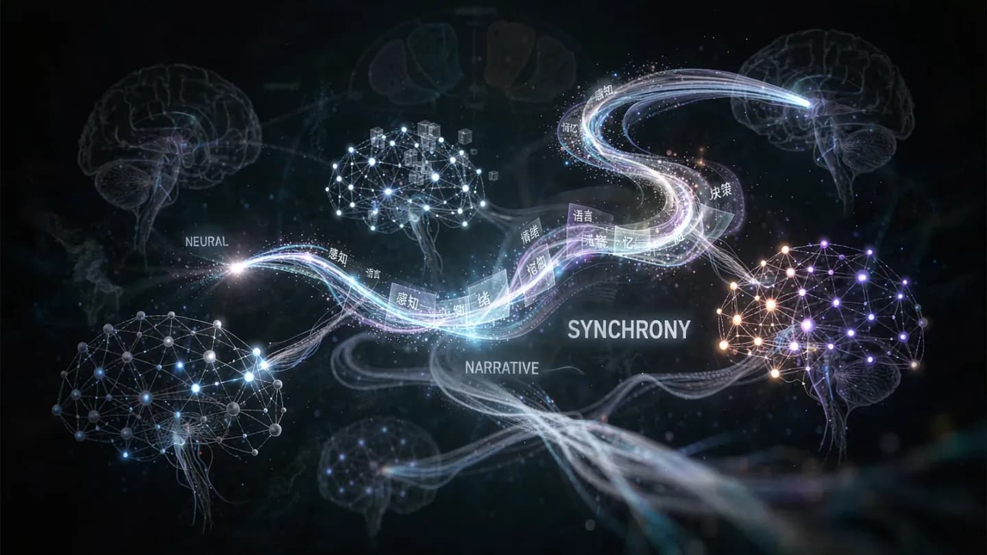 A brain with neural networks linked by one continuous glowing thread, symbolizing synchronized memory encoding